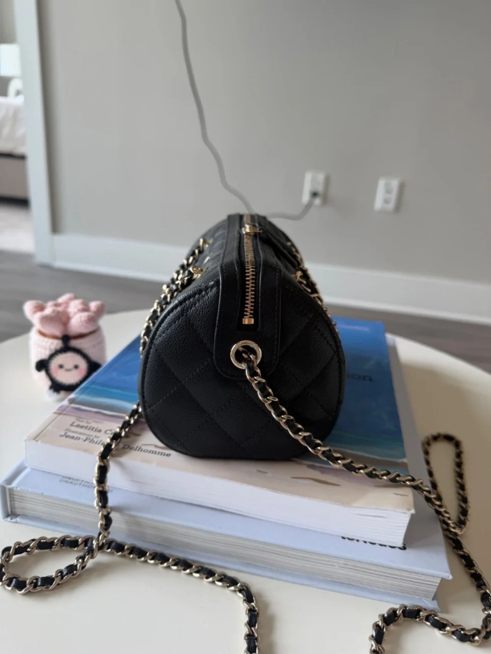 Chanel Caviar Quilted Barrel Clutch With Chain Black